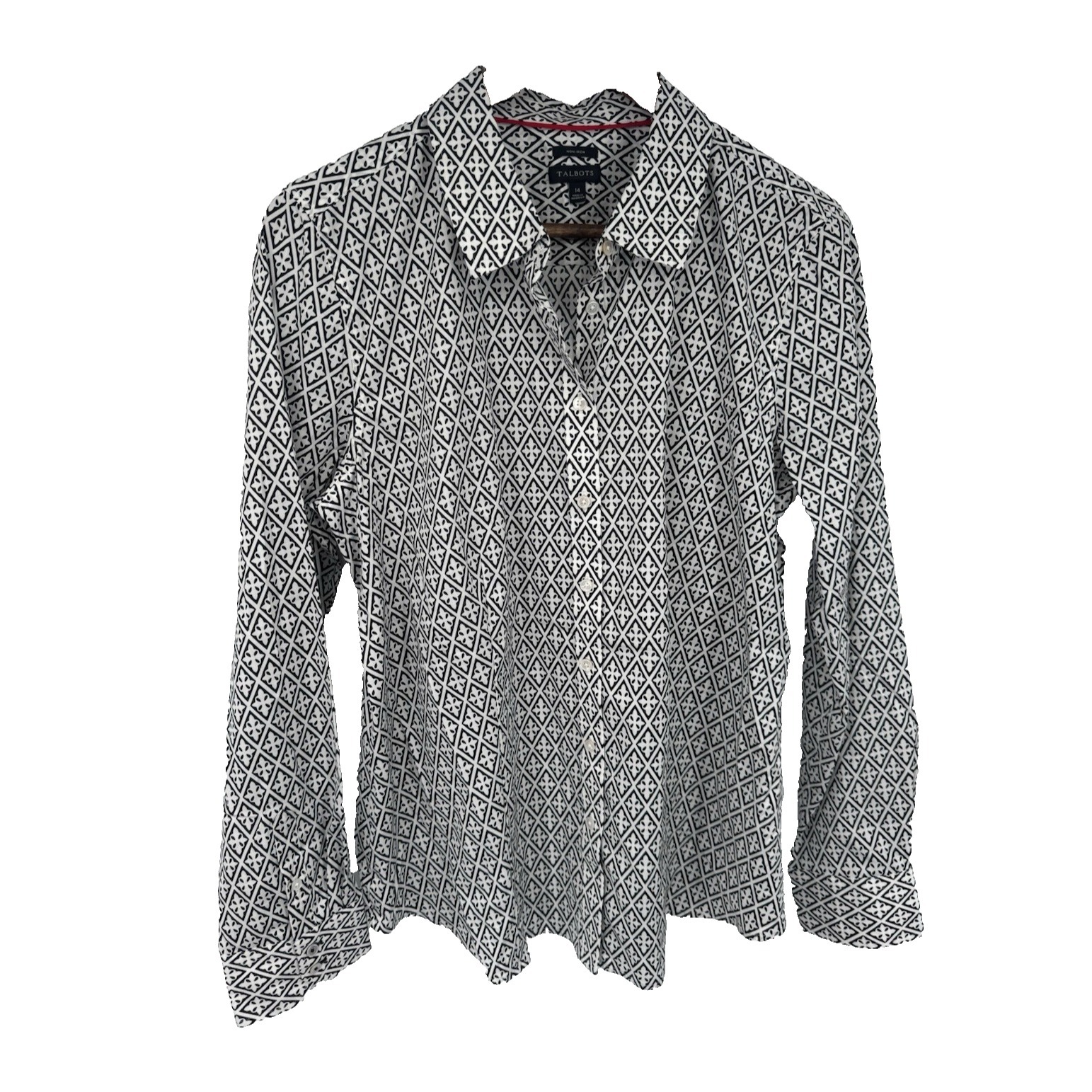 Talbots 14 Non-Iron Button Shirt White Black Pattern Stretch Career Capsule Nwot